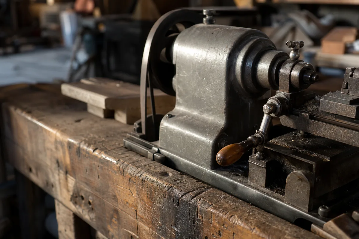 Machine-outil ancienne posée sur un établi d’atelier