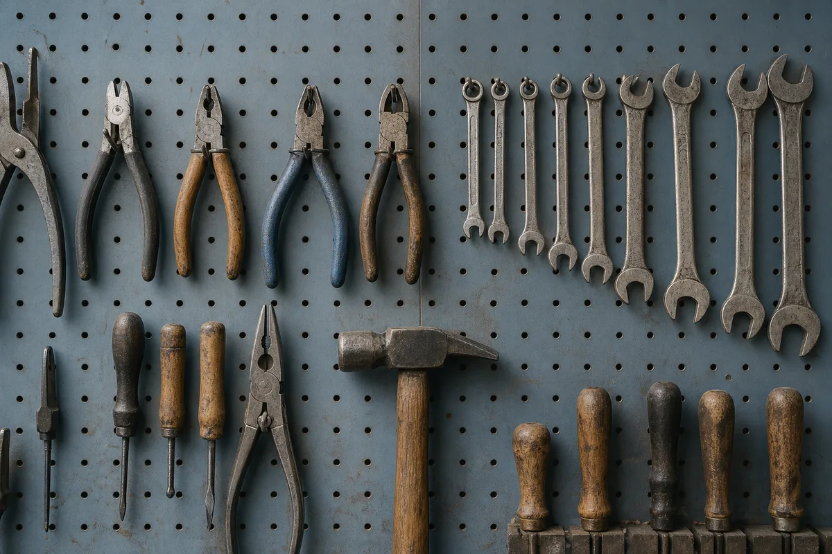 Outils à main usés suspendus sur un panneau perforé d’atelier