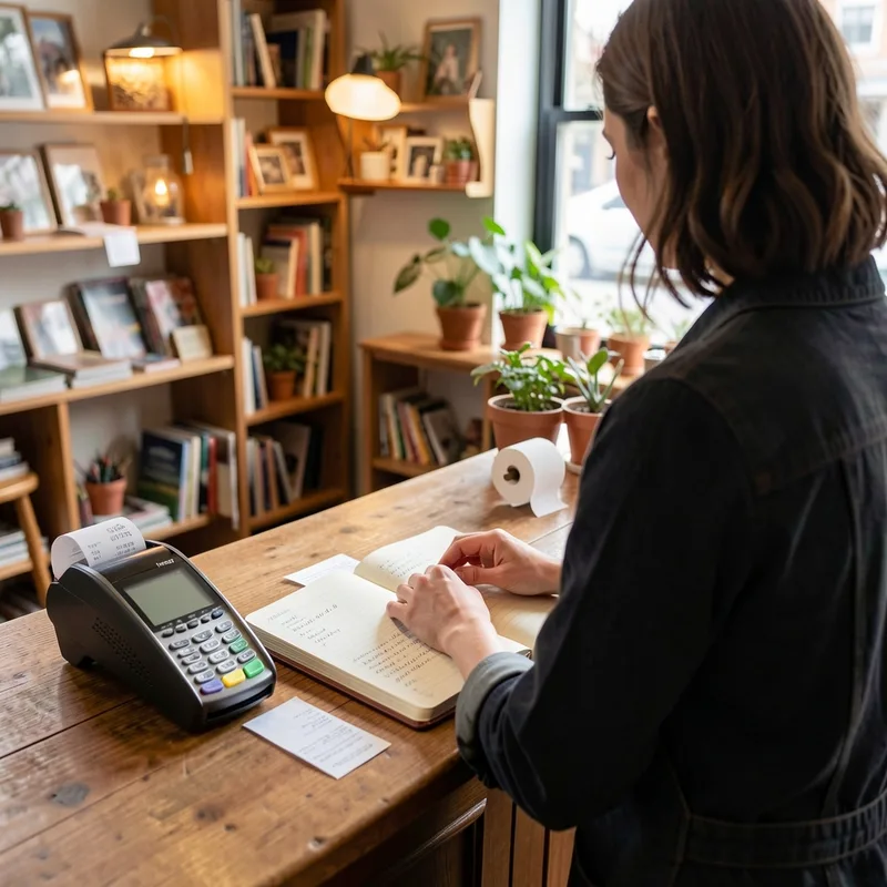 Commerçant vérifiant un carnet de recettes derrière un comptoir en bois
